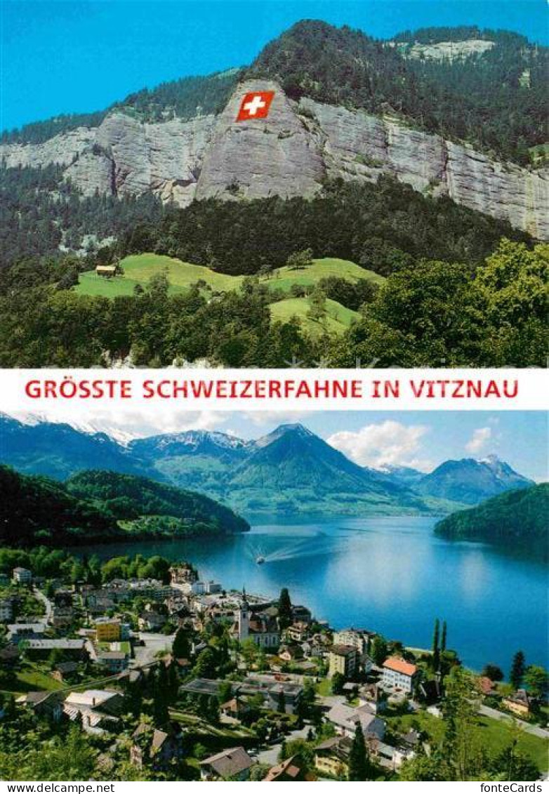 12814009 Vitznau Vierwaldstaettersee Groesste Schweizer Fahne Am Felsen Vitznau - Autres & Non Classés