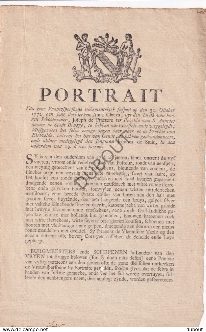 Pamflet Brugge  /Ertvelde 1772 - Opsporingsbericht Misdadigster  (V3121) - Otros & Sin Clasificación