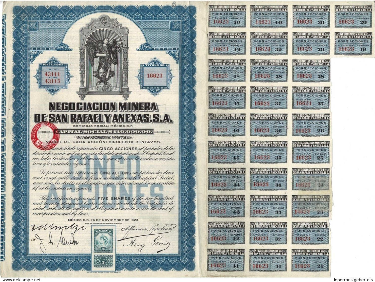 - Titulo De 1923 - Negociacion Minera De San Rafael Y Anexas S.A. - - Mineral