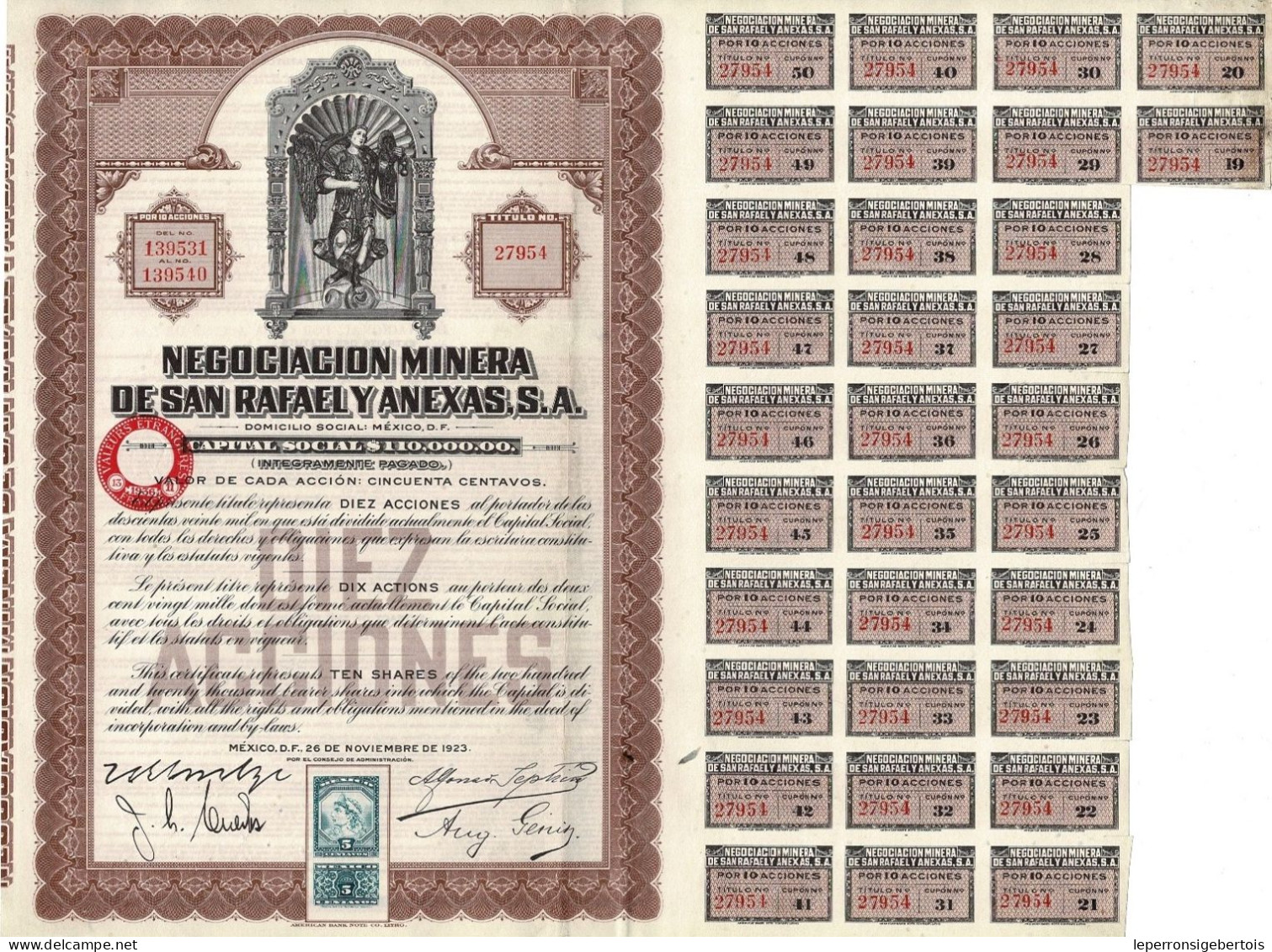 - Titulo De 1923 - Negociacion Minera De San Rafael Y Anexas S.A. - - Mijnen