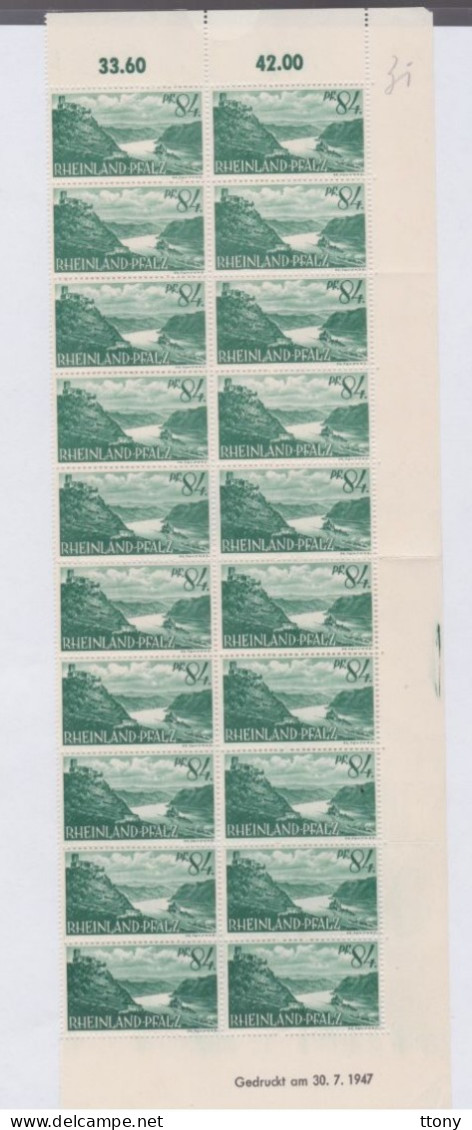 20   Timbres  84 Pf  Vert    ** Sur  Morceau De  Feuille     Zone Française   Rheinland Pfalz  Coin Daté 1947 - Rheinland-Pfalz