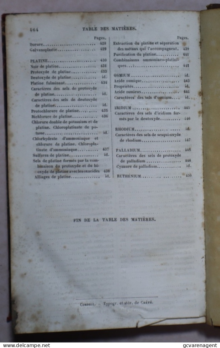 ABREGE DE CHIMIE 1859 PARTIE II. METAUX ET METALLURGIE = REDELIJKE STAAT = 464 PAGES  180 X 120 MM  ZIE AFBEELDINGEN