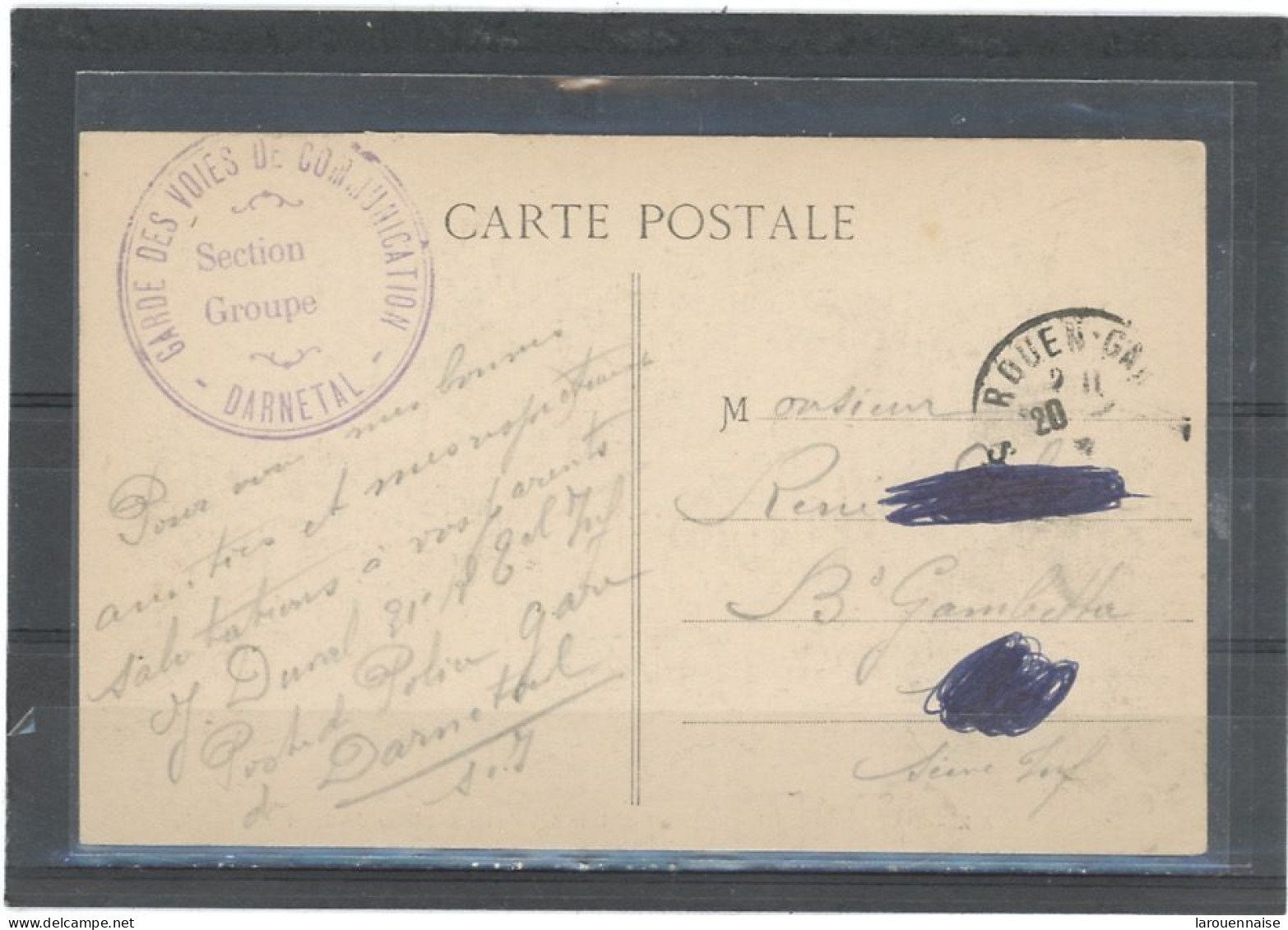 CACHET MILITAIRE -76 DARNETAL -CP- FRAPPE TTB-GARDE DES VOIES DE COMMUNICATION /DARNETAL - 1. Weltkrieg 1914-1918