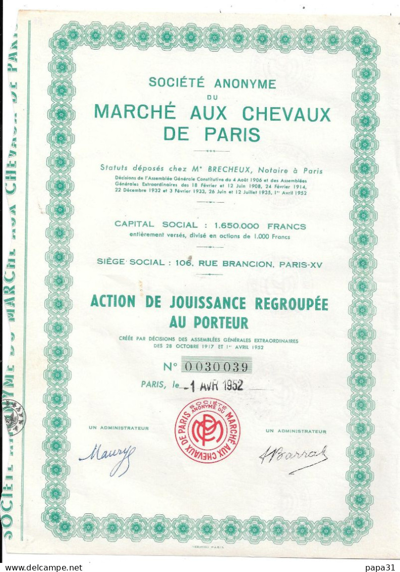 Actions  SOCITE ANONYME  - MARCHE AUX CHEVAUX DE PARIS - Andere & Zonder Classificatie