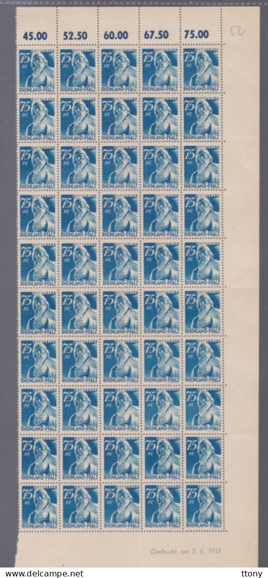 Un Bloc De  50  Timbres  ** 75 Pf Gutenberg   Moitié De Feuille Rheinland Pfalz  Coin Daté 1947 - Rhénanie-Palatinat