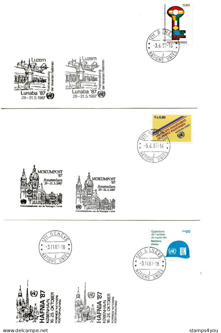 T - 2 - 3 Enveloppes  Nations Unies Genève - Expos Philatéliques 1987 Copenhague - Luzern - Amsterdam - Filatelistische Tentoonstellingen