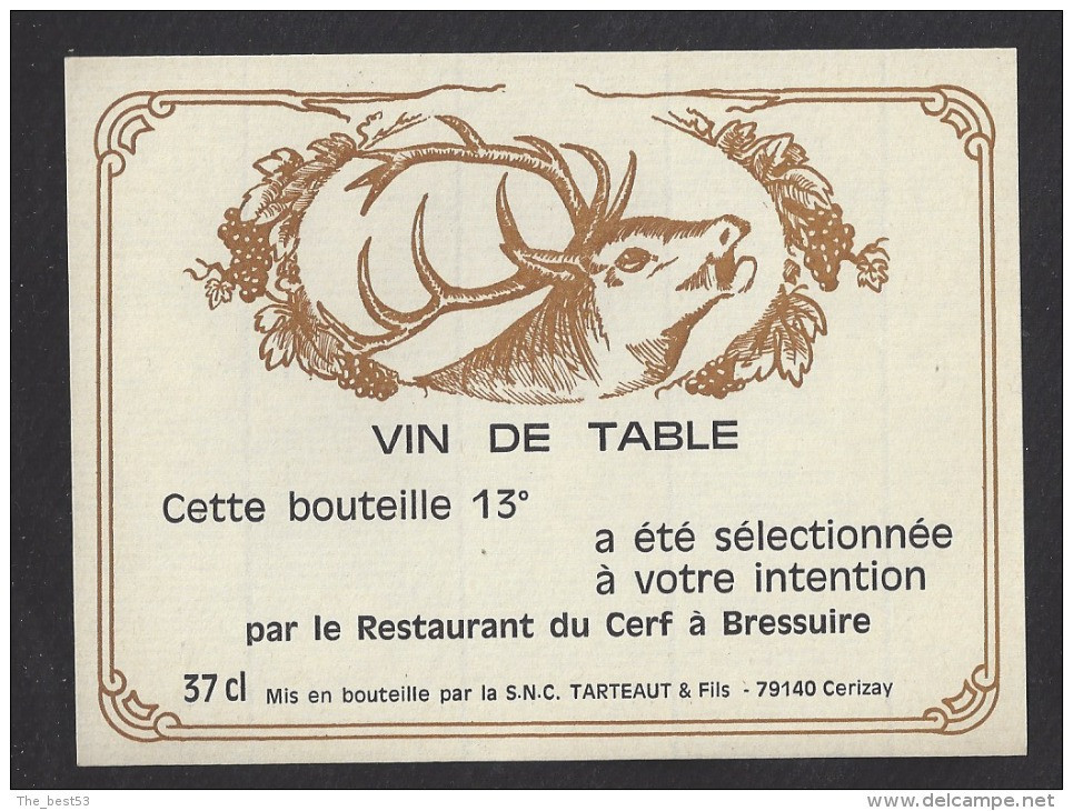 Etiquette De Vin De Table 37 Cl  -  Restaurant Du Cerf à Bressuire (79)  -  Thèmes Chasse Cerf - Sonstige & Ohne Zuordnung