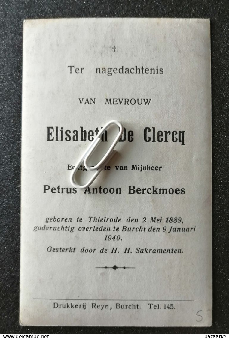 EKISABETH DE CLERCQ ° THIELRODE 1889 + BURCHT 1940  / PETRUS ANTOON BERCKMOES - Devotion Images