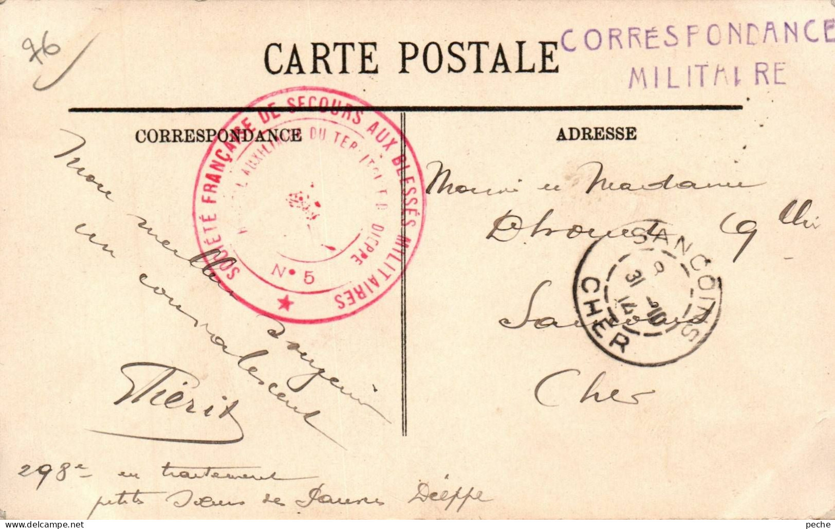 N°2544W -cachet Société Française De Secours Aux Blessés - 1. Weltkrieg 1914-1918