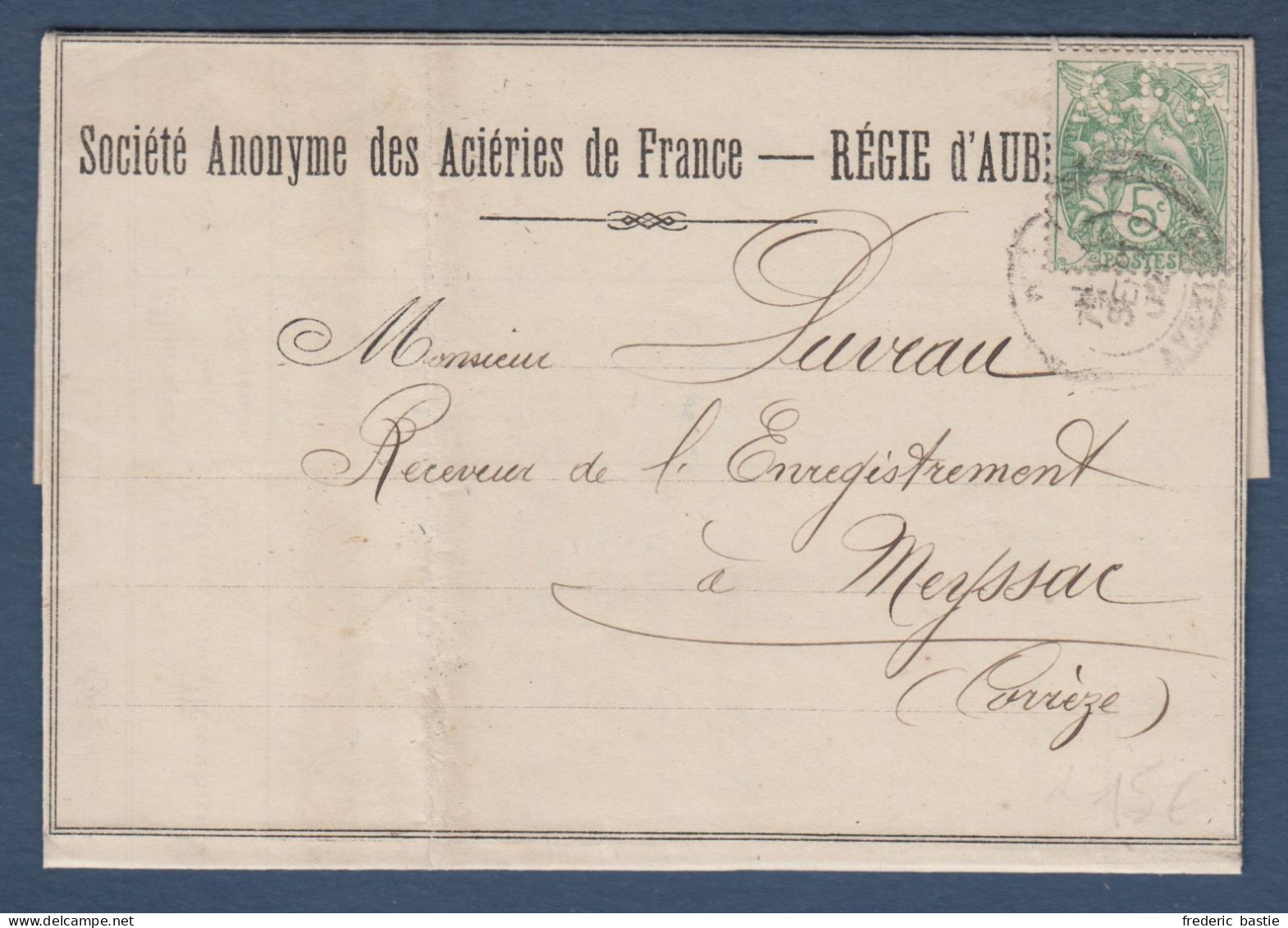 5c Blanc Perforé A F A Sur Lettre Aciéries De France Régie D' Aubin - Briefe U. Dokumente