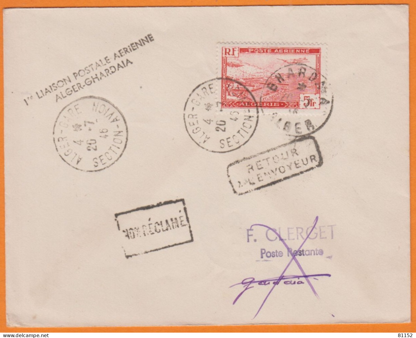 ALGÉRIE  Sur Lettre Cachet  " 1ère Liaison Postale Aérienne ALGER-GHARDAIA "  En 1946   Avec Retour Envoyeur  à 5F - Poste Aérienne