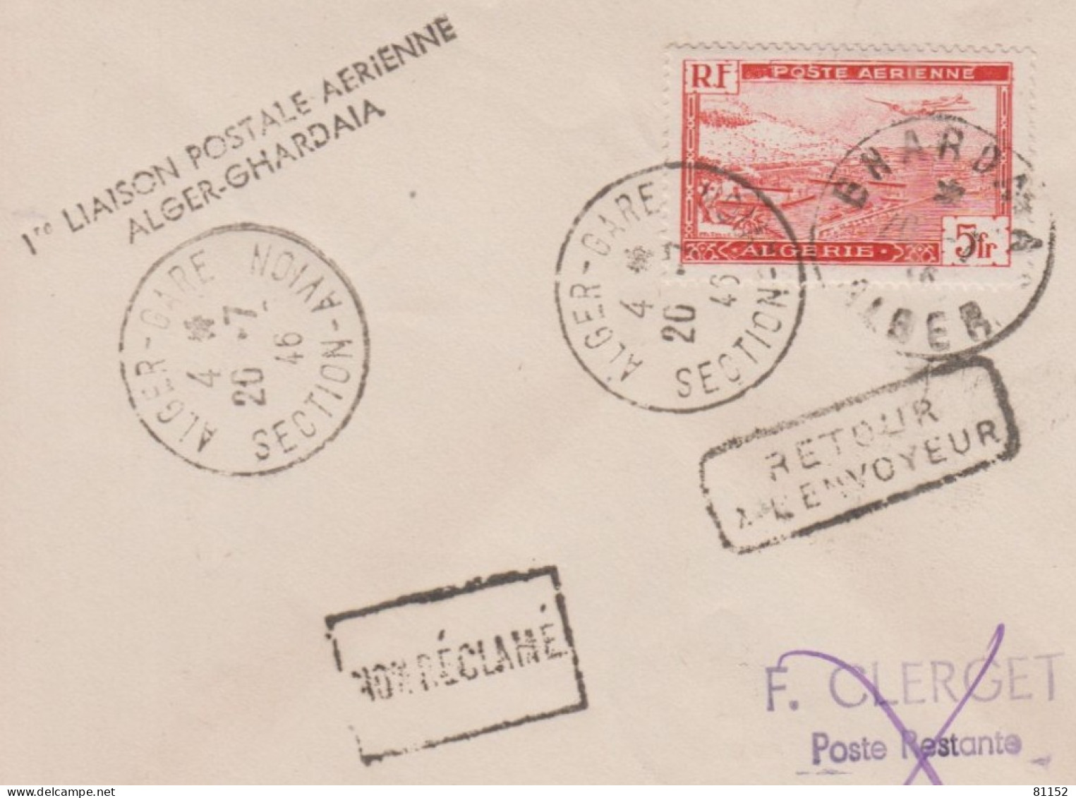 ALGÉRIE  Sur Lettre Cachet  " 1ère Liaison Postale Aérienne ALGER-GHARDAIA "  En 1946   Avec Retour Envoyeur  à 5F - Luftpost