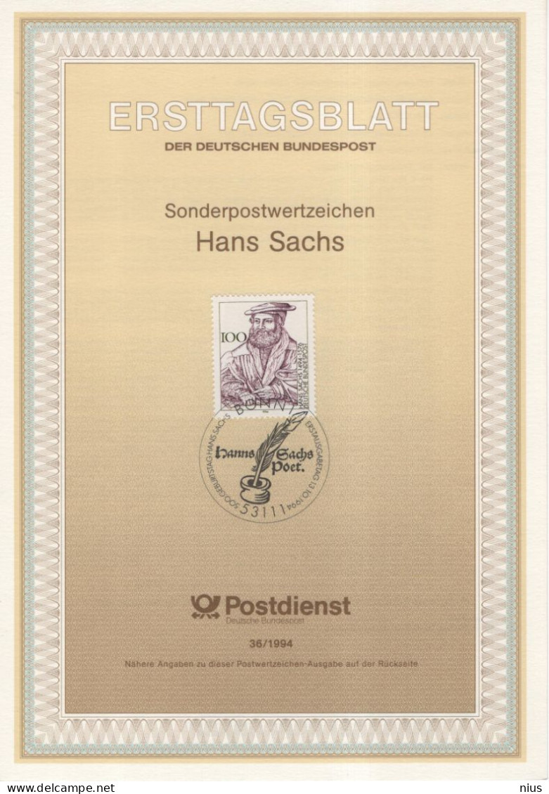 Germany Deutschland 1994-36 Hans Sachs, Poet, Playwright, Writer, Canceled In Bonn - 1991-2000