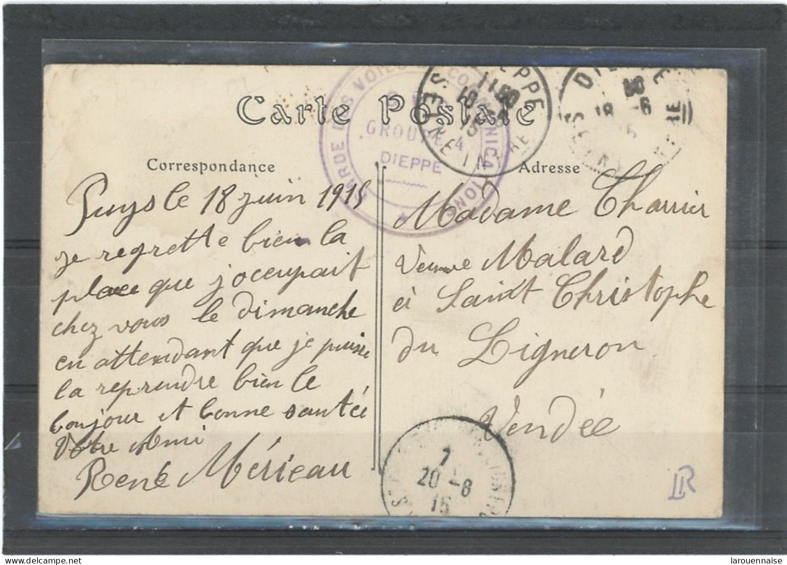 CACHET MILITAIRE -76 DIEPPE -CP- FRAPPE TTB-DOUBLE CERCLE ,VIOLET,37mm-GARDE DES VOIES DE COMMUNICATION * - WW I