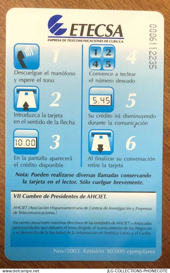 CUBA LA HABANA HÔTEL AHCIET TELEFONKARTE SCHEDA TARJETA PHONECARD PREPAID PREPAYÉE CALLING CARD - Kuba