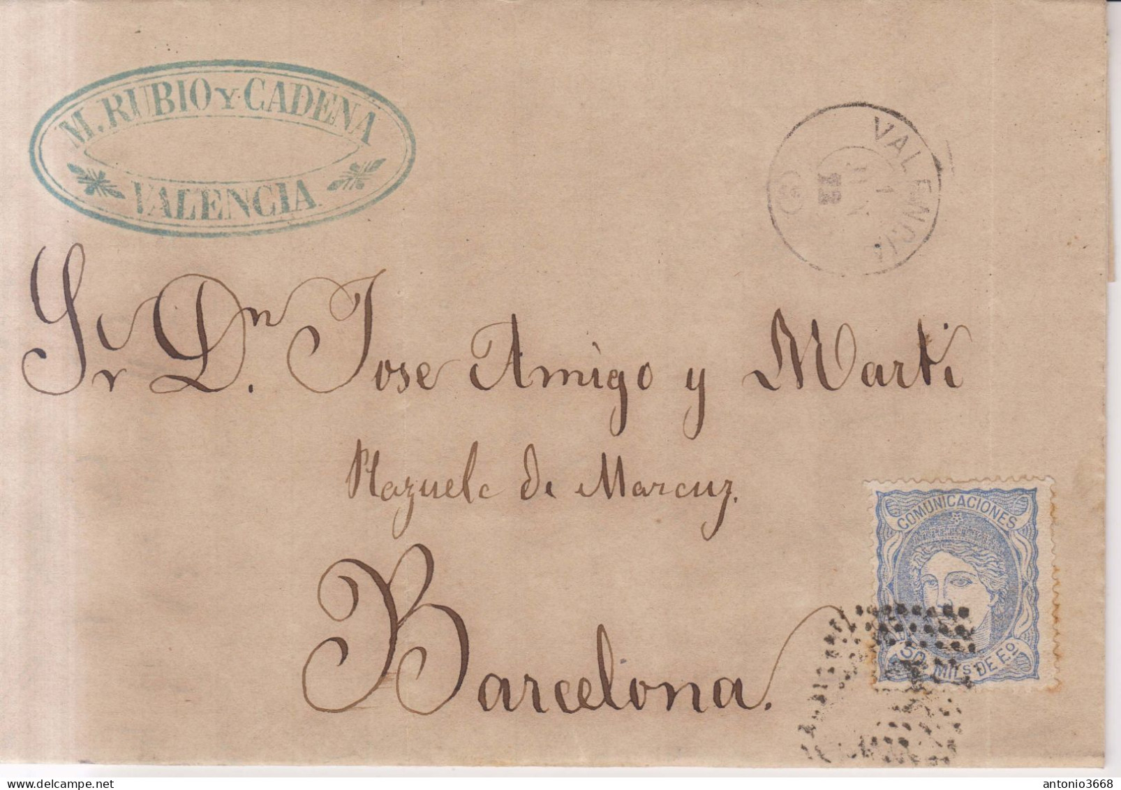 Año 1870 Edifil 107 Efigie Carta Matasellos Rombo Valencia Membrete M.Rubio Cadena - Covers & Documents