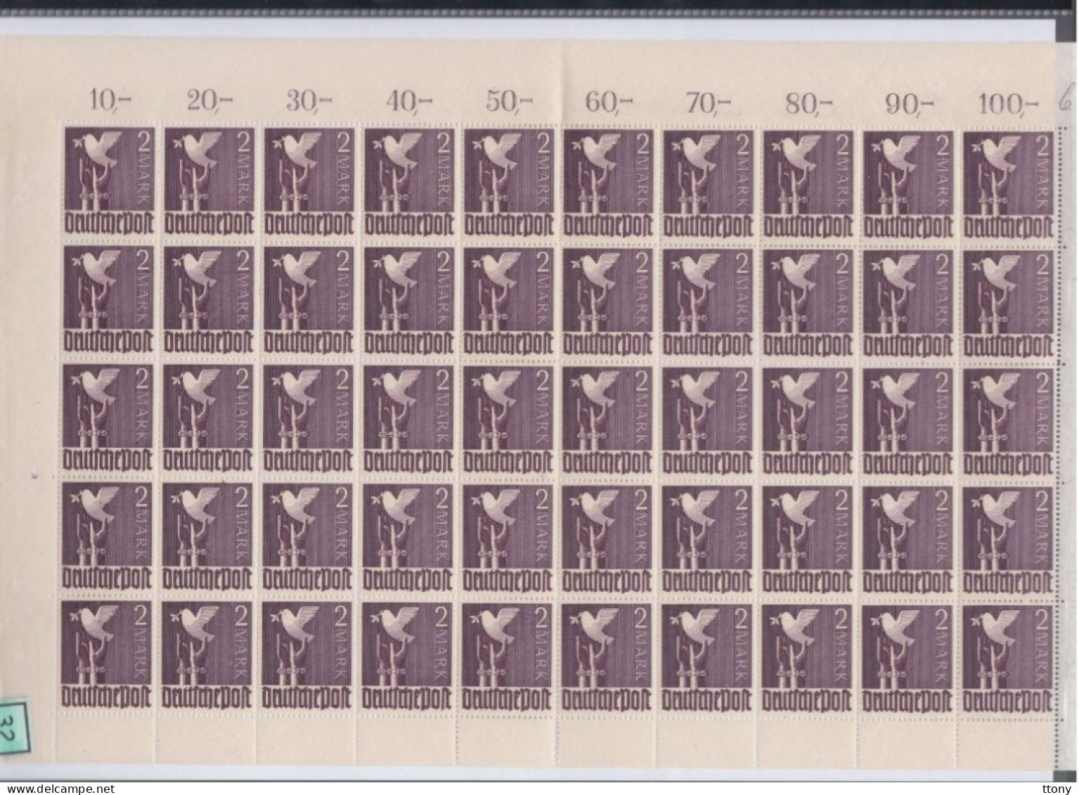 Une Feuille Entière  50 Timbres   2 Mark **   Allemagne  Occupation Alliée  Zone Interalliée AAS  Deutsche Post  960 - Mint