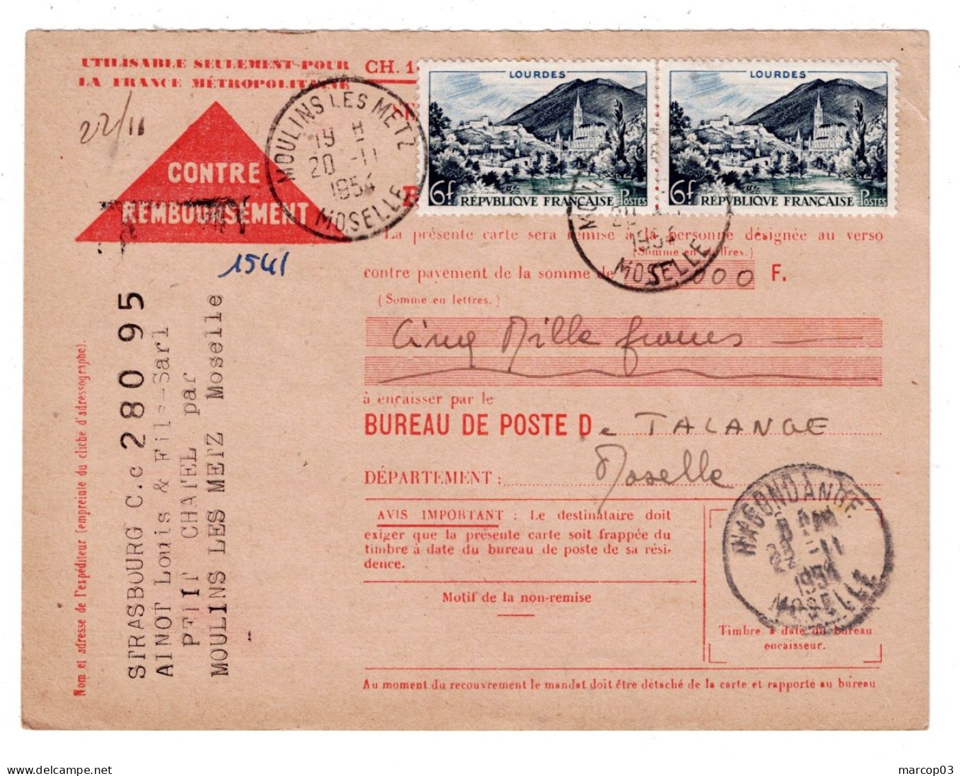 France N° 976 X 2 Sur Carte Postale CCP Moulins Les Metz 20/11/1954 TTB - 1921-1960: Periodo Moderno