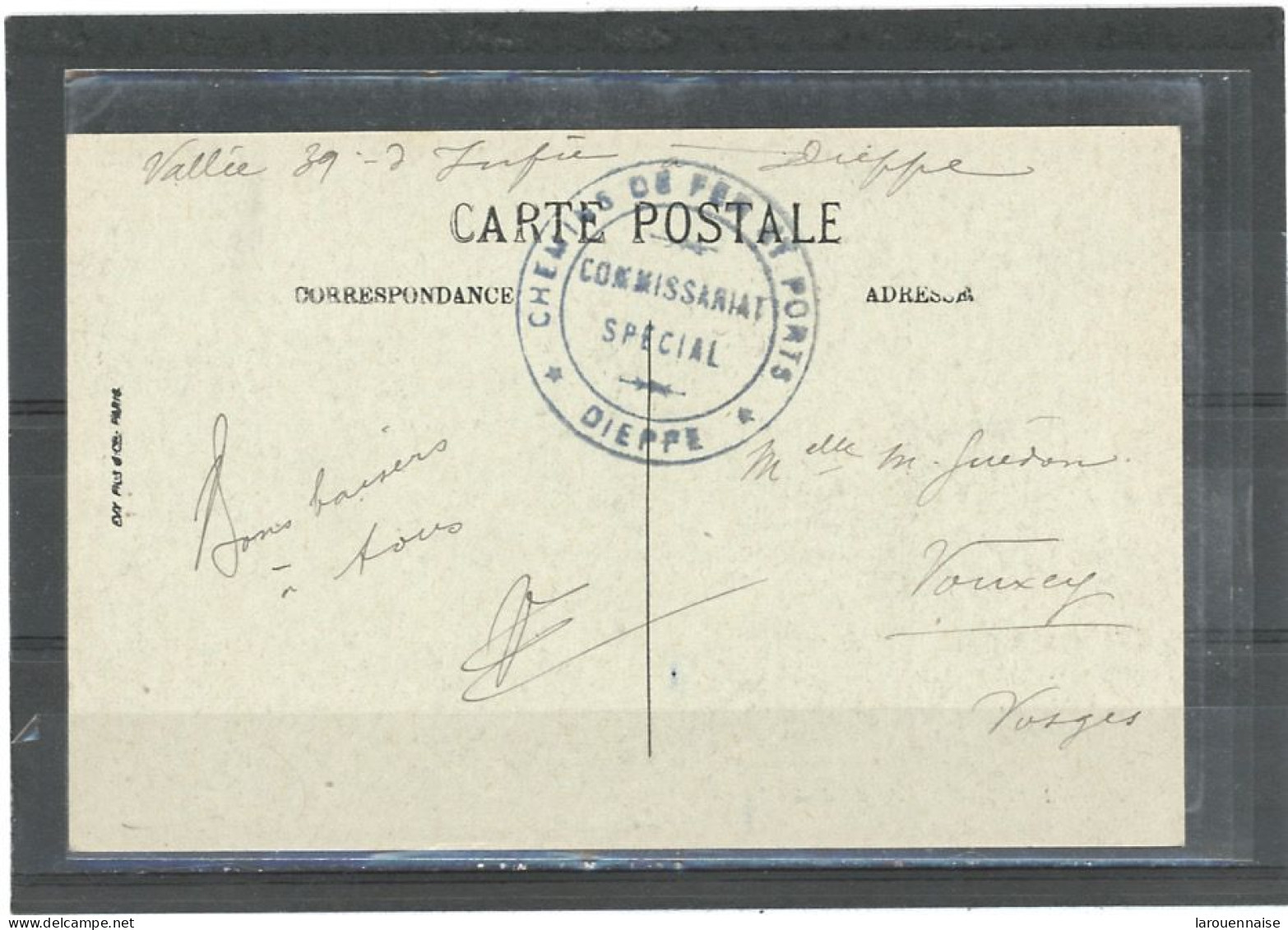 CACHET MILITAIRE -76 DIEPPE -CP- FRAPPE SUP-DOUBLE CERCLE ,BLEU,37mm-CHEMINS DE FER ET PORTS /*DIEPPE* - WW I