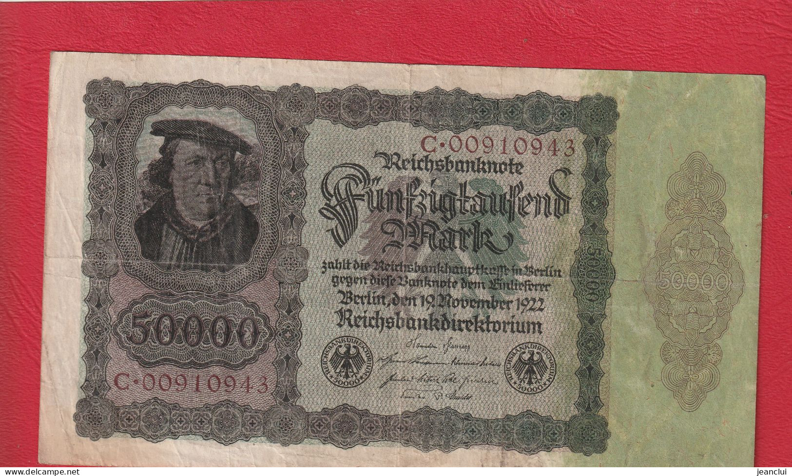 REICHSBANKNOTE . 50.000 MARK   . 19-11-1922 . N°  C.00910943  .  2 SCANNES  .  BILLET USITE - 50000 Mark