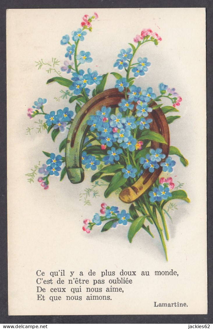 117074/ Bouquet De Myosotis Dans Un Fer à Cheval, Vers De Lamartine - Blumen