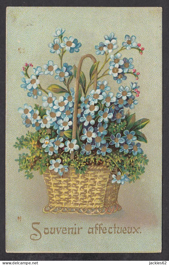 093400/ Myosotis Dans Une Corbeille Dorée, Gravée, Mégèrement Gaufrée, *Souvenir Affectueux*, 1908 - Flowers