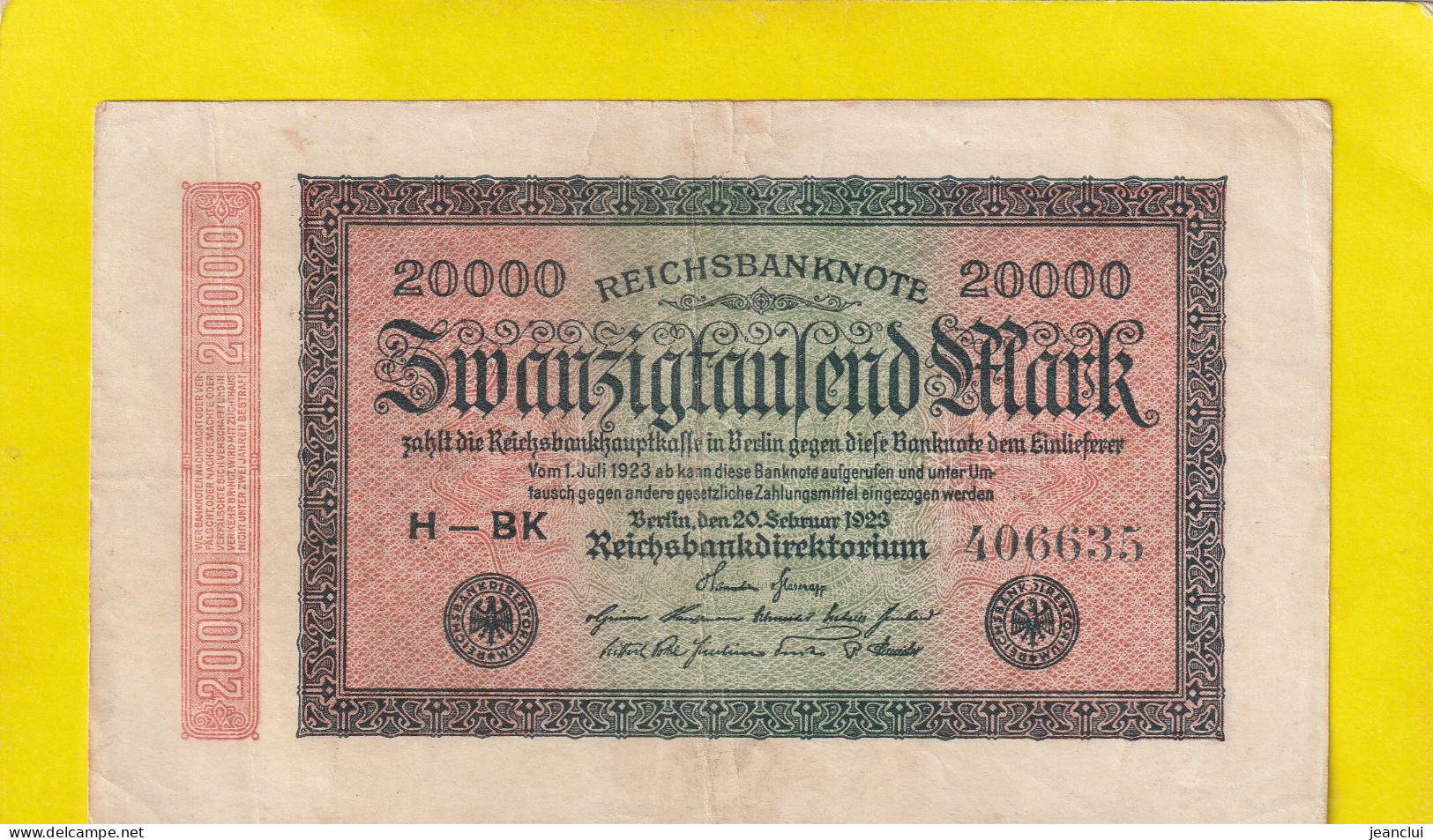 REICHSBANKNOTE . 20.000 MARK   . 20-2-1923 . N°  H-BK  406635  .  2 SCANNES  .  BILLET USITE - 20000 Mark