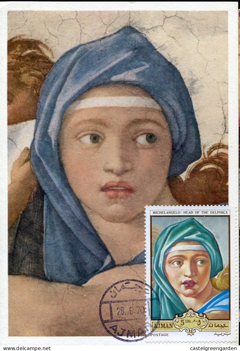 X0568 Ajman, Maximum Card 1970 Painting Of Michelangelo Showing Sibilla Delphica, - Ajman