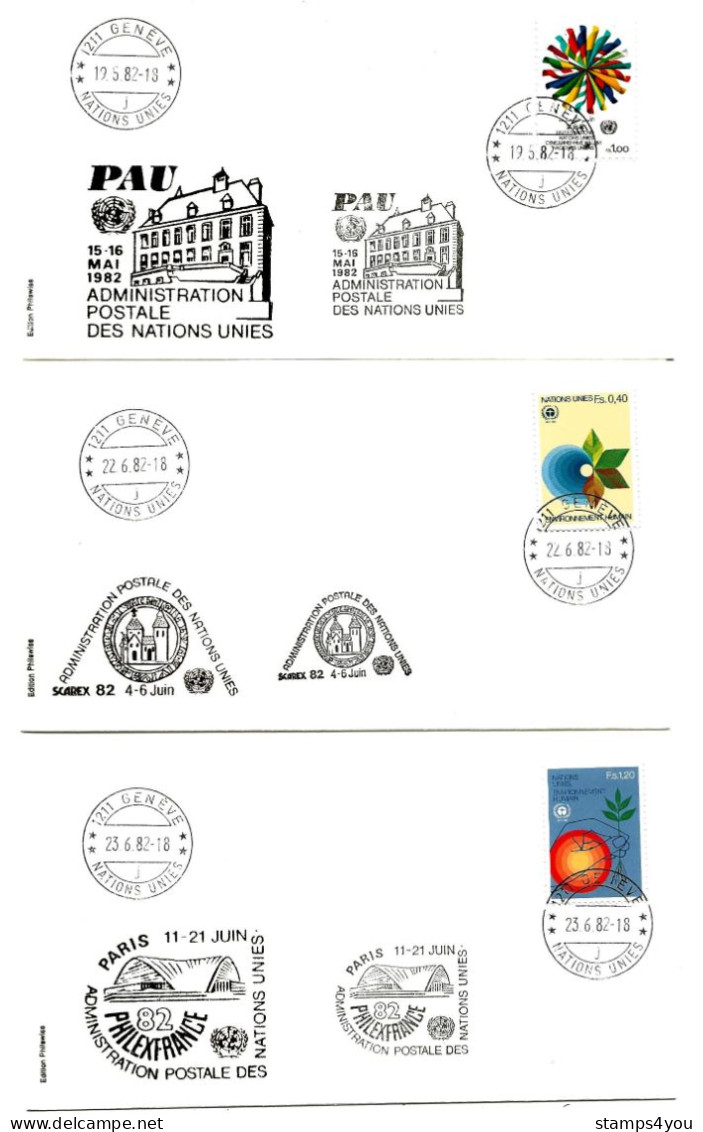 T - 3 - 3 Enveloppes  Nations Unies Genève - Expos Philatéliques 1982 - Pau - Philexfrance - Scarex - Briefmarkenausstellungen