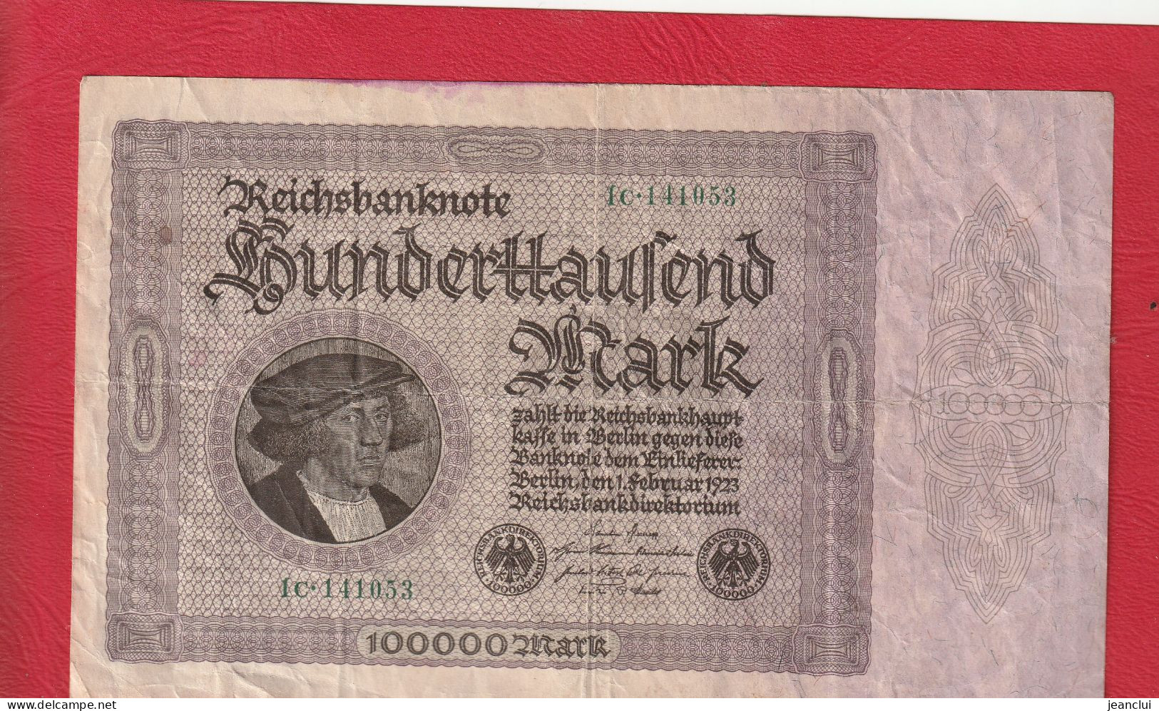 REICHSBANKNOTE . 100.000 MARK   . 1-2-1923 . N°  1C . 141053 . Petits Chiffres  .  2 SCANNES  .  BILLET USITE - 100.000 Mark