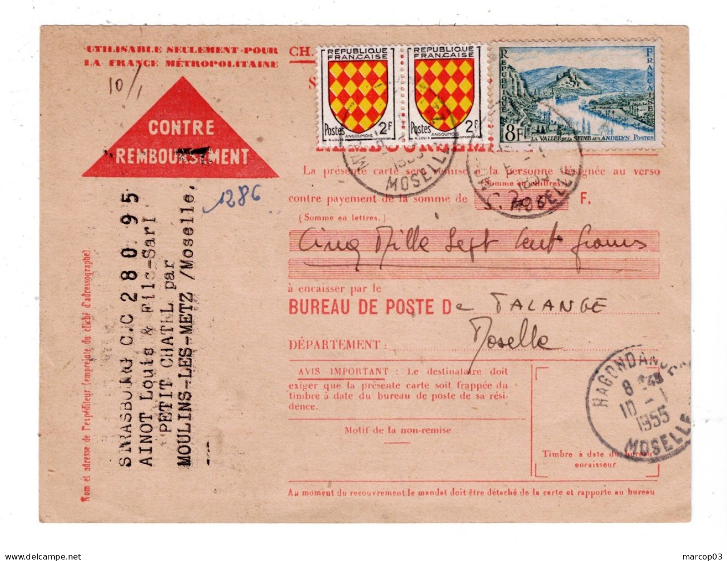 France N° 977 Et 1003 X 2 Sur Carte Postale CCP Moulins Les Metz 09/01/1955 TTB - 1921-1960: Moderne