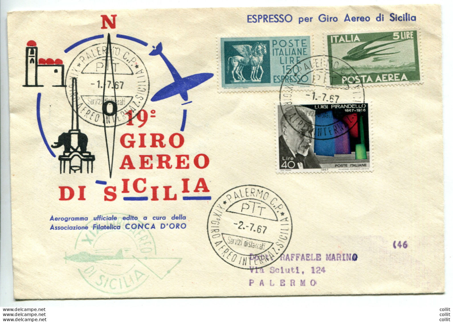 XIX° Giro Aereo Di Sicilia - Aerogramma Dell'Ass. Filatelica - 1946-60: Marcophilie