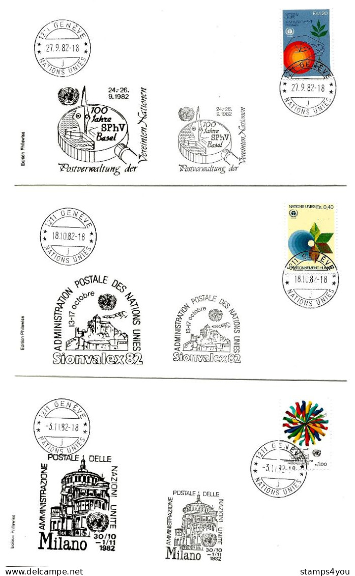 T - 4 - 3 Enveloppes  Nations Unies Genève - Expos Philatéliques 1982 - Basel .- Sionvalex - Milano - Briefmarkenausstellungen