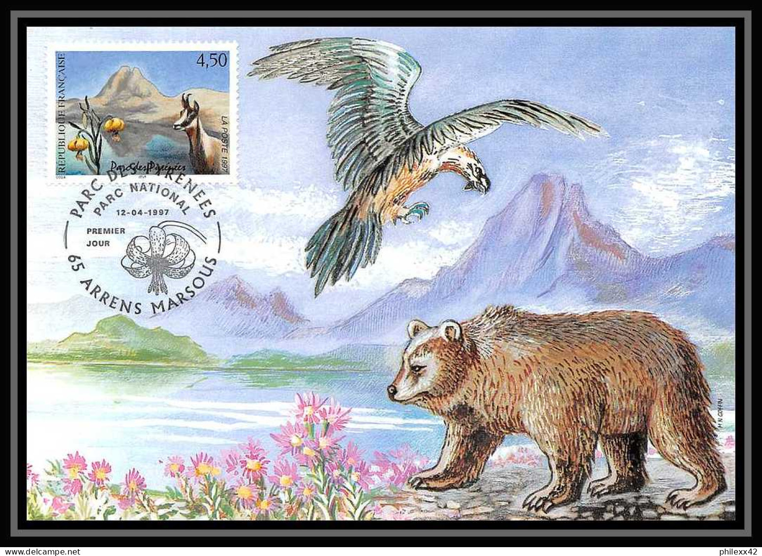 4884/ Carte Maximum (card) France N°3056 Parc Des Pyrénées Isard Et Lys Jaune édition Cef Fdc 1997 Ours Bear Arrens - 1990-1999