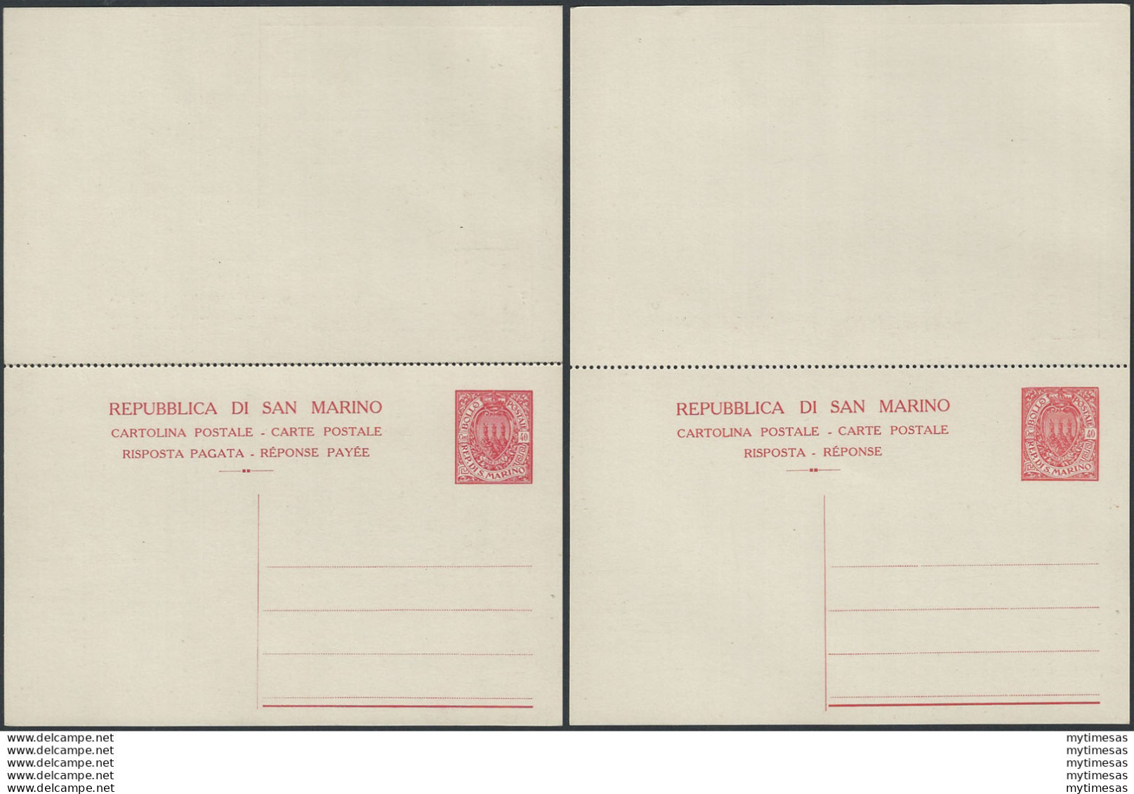 1925 San Marino Cartoline Postali Stemma 40c.+40c. Rosso Filagrano C17 - Altri & Non Classificati