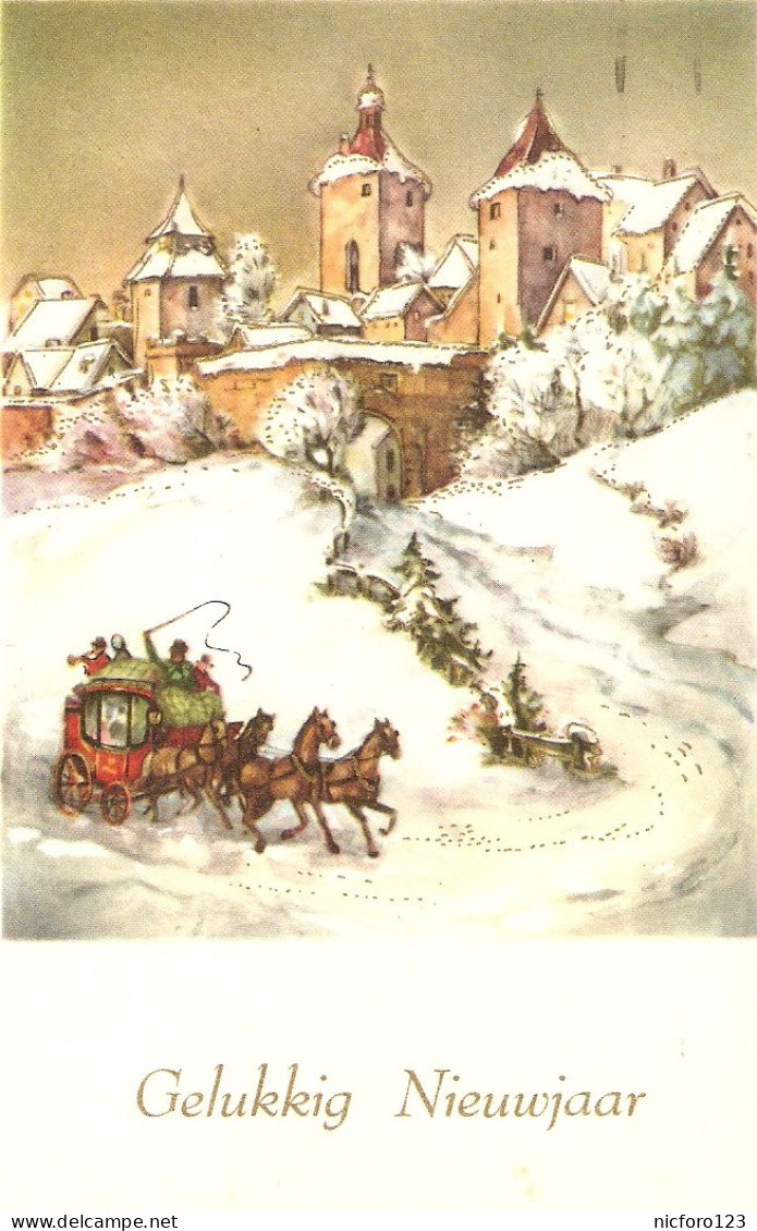 "Horse Carriages. In Snowy Landscapes" Lot Of Five (5) Vintage  Dutch New Year Greetings Postcards 1950s - Neujahr