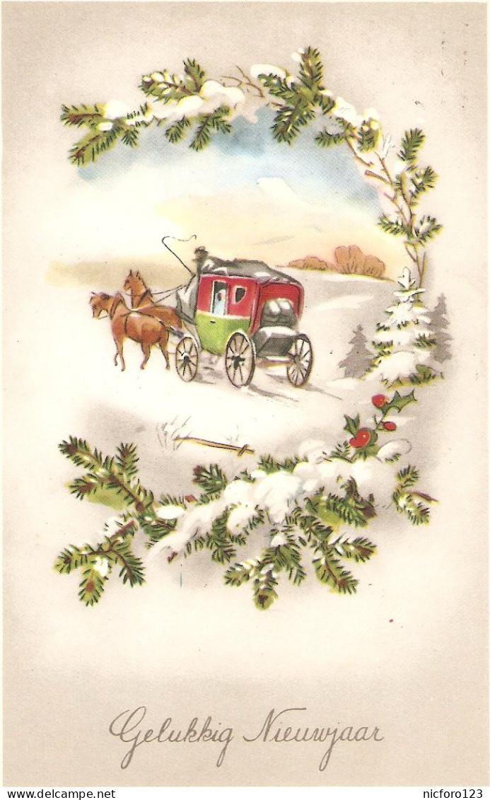"Horse Carriages. In Snowy Landscapes" Lot Of Five (5) Vintage  Dutch New Year Greetings Postcards 1950s - New Year