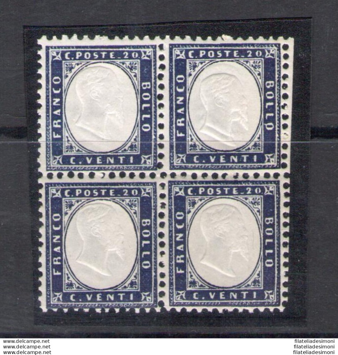 1862 Regno D'Italia, N. 2 - 20 Cent Indaco, Blocco Di Quattro Discreta Centratura E Doppia Effige Su 2 Francobolli Con B - Autres & Non Classés