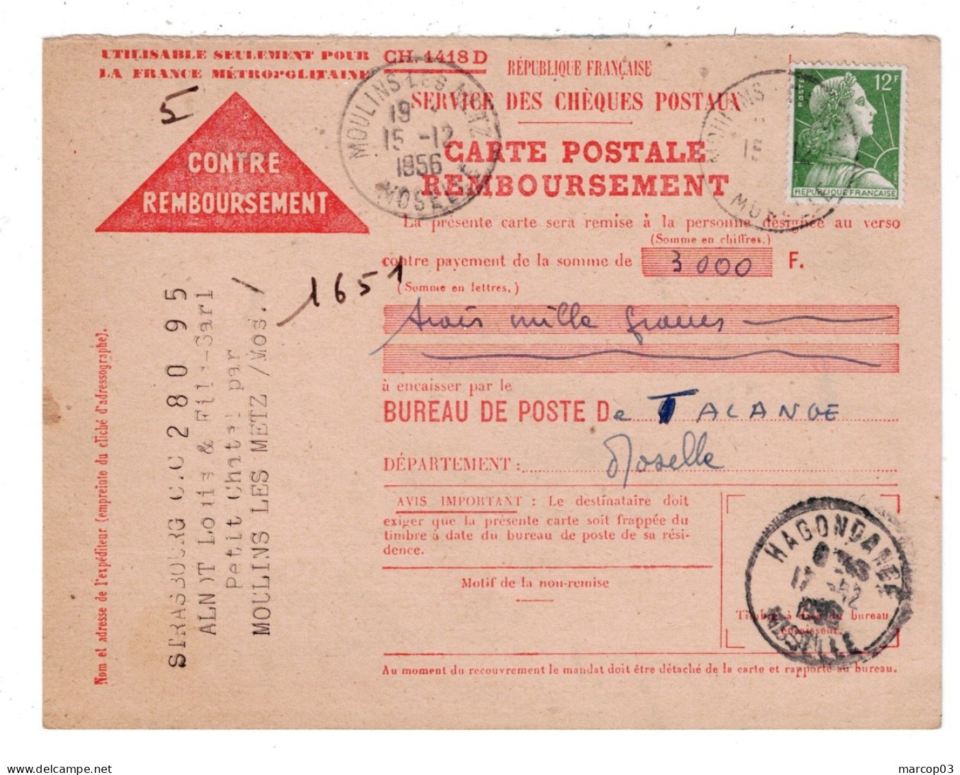 France N° 1010 Sur Carte Postale CCP Moulins Les Metz 15/12/1956 TTB - 1921-1960: Modern Tijdperk