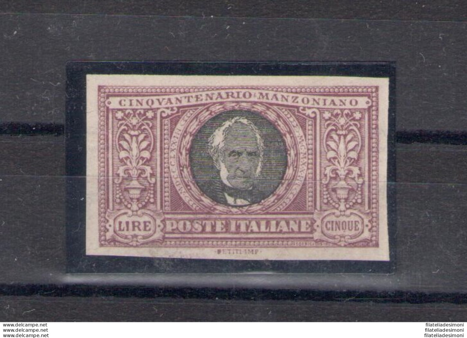 1923 Regno, N. 156d, Manzoni 5 Lire Violetto E Nero Non Dentellato, MNH** - Certificato Raybaudi - Andere & Zonder Classificatie