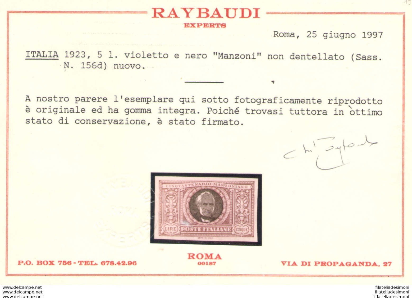 1923 Regno, N. 156d, Manzoni 5 Lire Violetto E Nero Non Dentellato, MNH** - Certificato Raybaudi - Andere & Zonder Classificatie