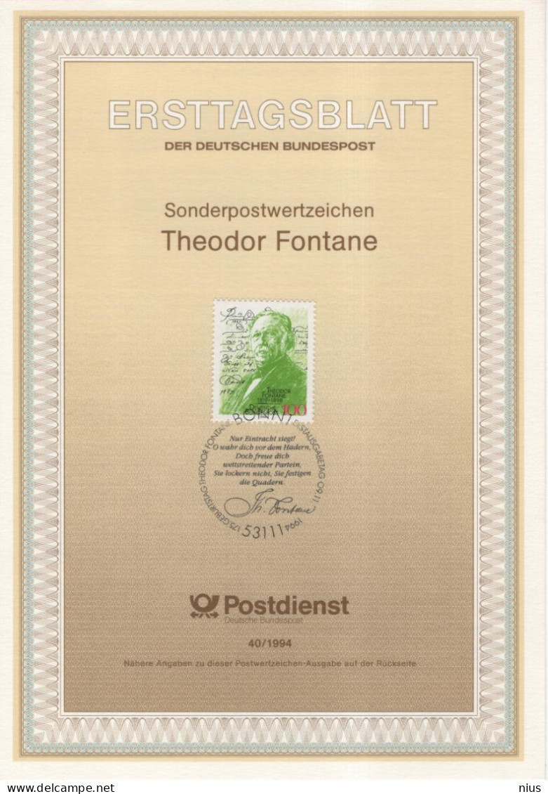 Germany Deutschland 1994-40 Theodor Fontane, German Novelist Writer Poet, Canceled In Bonn - 1991-2000
