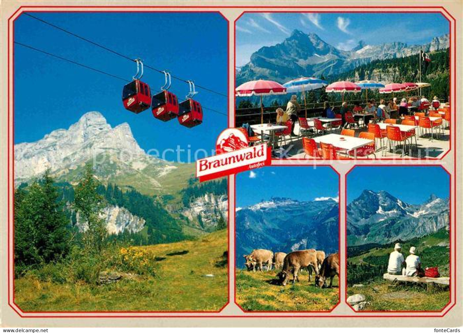 12738997 Braunwald GL Gondelbahn Grotzenbueel Terrasse Restaurant Ortstock Alpen - Sonstige & Ohne Zuordnung