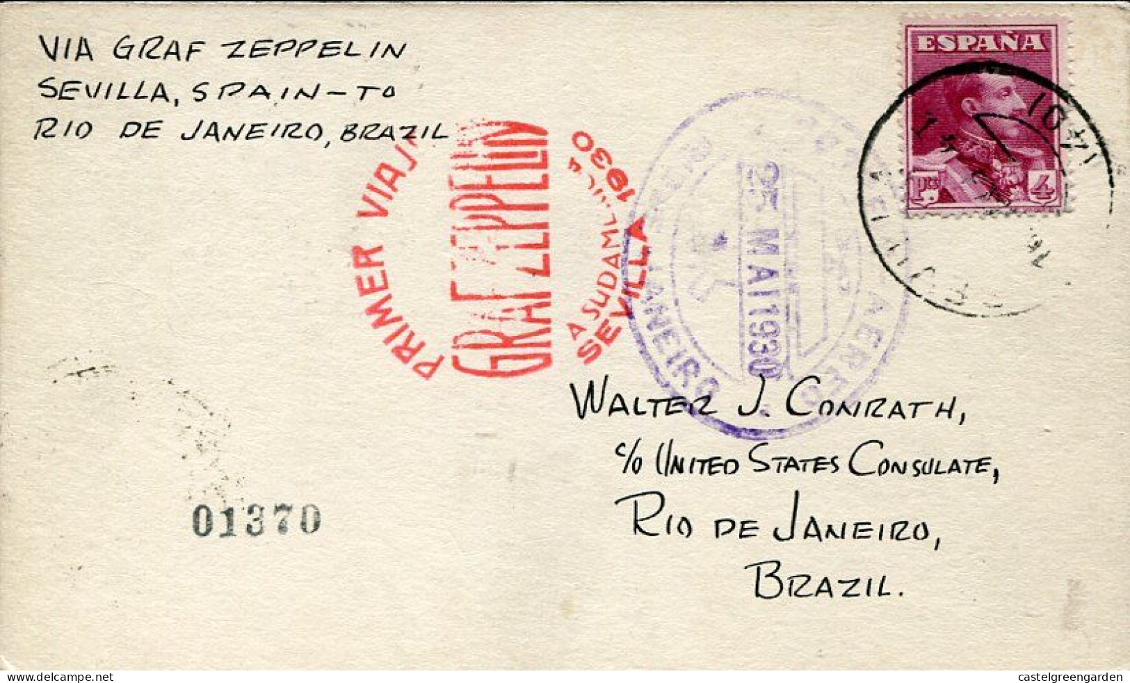 X0569 Spain,card With Special Postmark For The Primer Viaje Graf Zeppelin 25.5.1930 Sevilla To Rio Janeiro - Briefe U. Dokumente