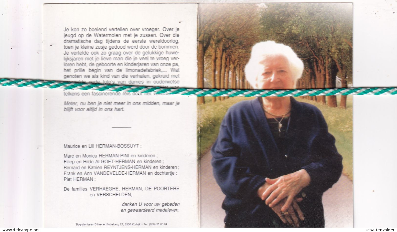 Germaine Verhaeghe-Herman, Heule 1904, Kortrijk 1996. Foto - Décès