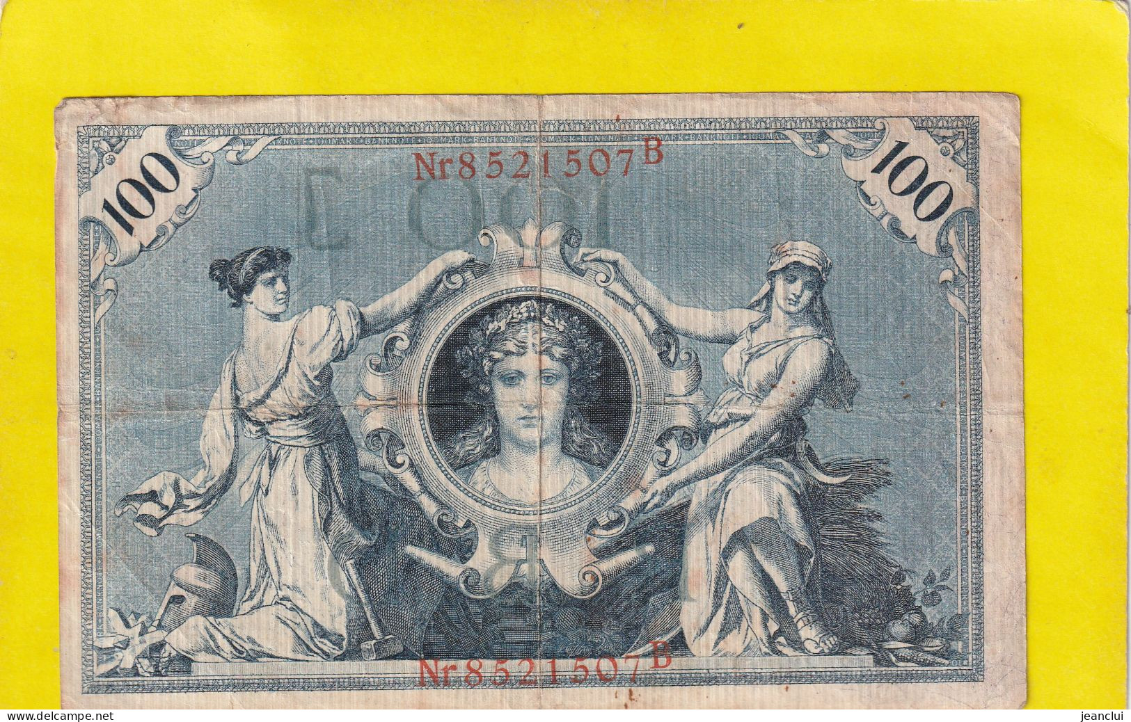 REICHSBANKNOTE . 100 MARK   . 7-2-1908 . N°  8521507 B  .  N°  & STEMPEL ROUGES .  2 SCANNES  .  BILLET USITE - 100 Mark