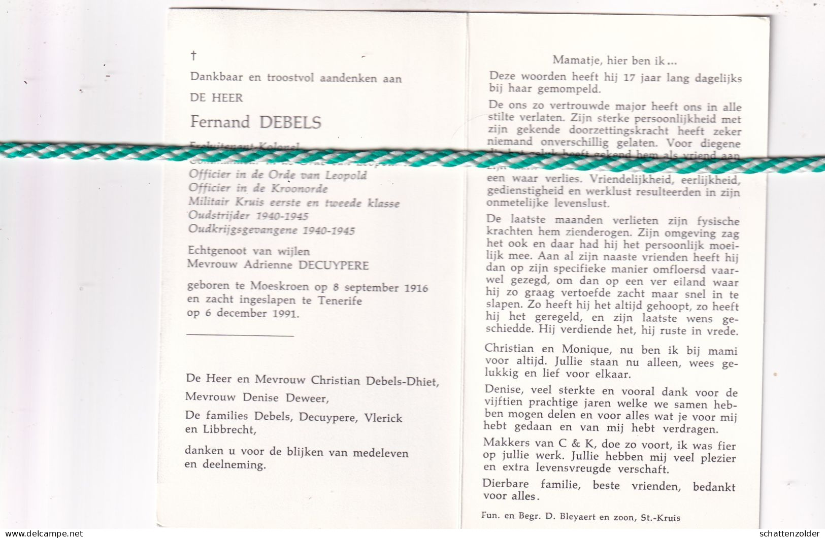 Fernand Debels-Decuypere, Moeskroen 1916, Tenerife 1991. Ere Luitenant-Kolonel. Foto - Obituary Notices