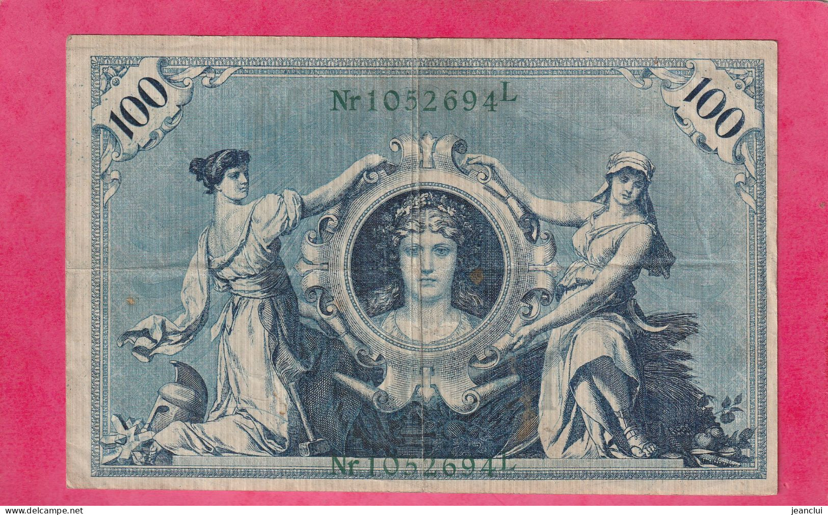 REICHSBANKNOTE . 100 MARK   . 7-2-1908 . N°  1052694 L  .  N°  & STEMPEL VERTS .  2 SCANNES  .  BILLET USITE - 100 Mark