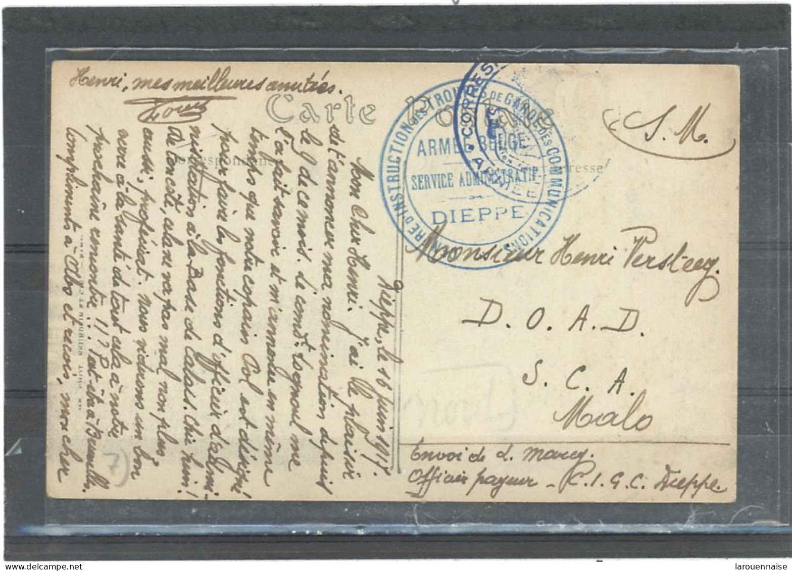 CACHET MILITAIRE -76 DIEPPE -CP- FRAPPE SUP-DOUBLE CERCLE ,BLEU,38mm-CENTRE D'INSTRUCTION DES TROUPES DE GARDE DES COMMU - WW I