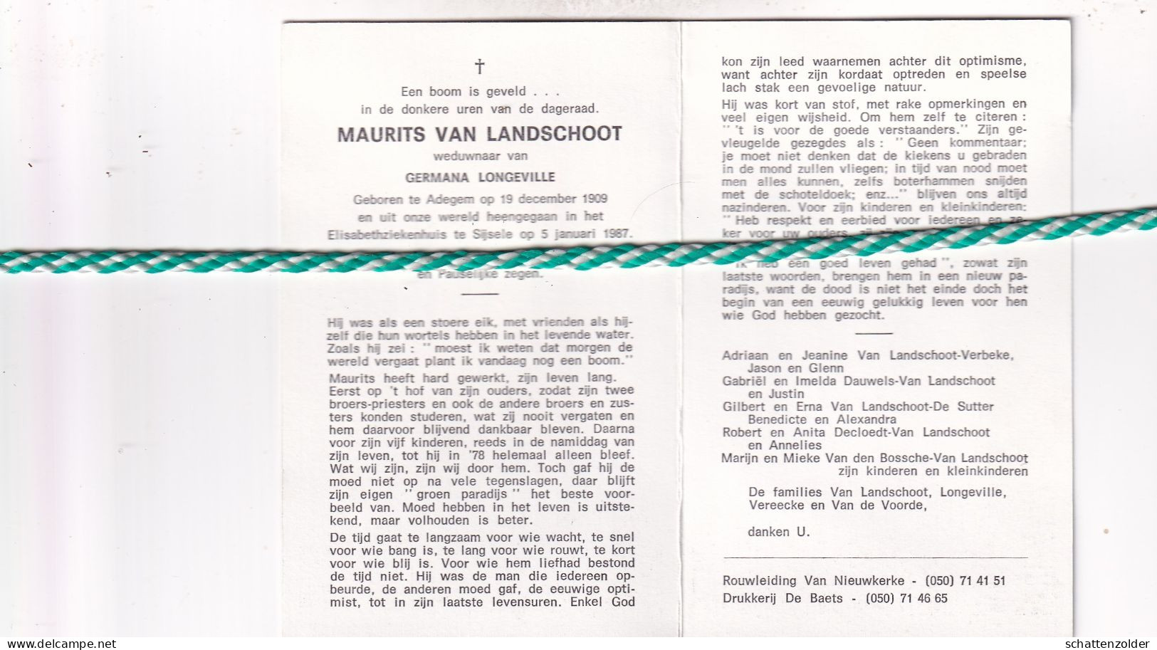 Maurits Van Landschoot-Longeville, Adegem 1909, Sijsele 1987 - Obituary Notices